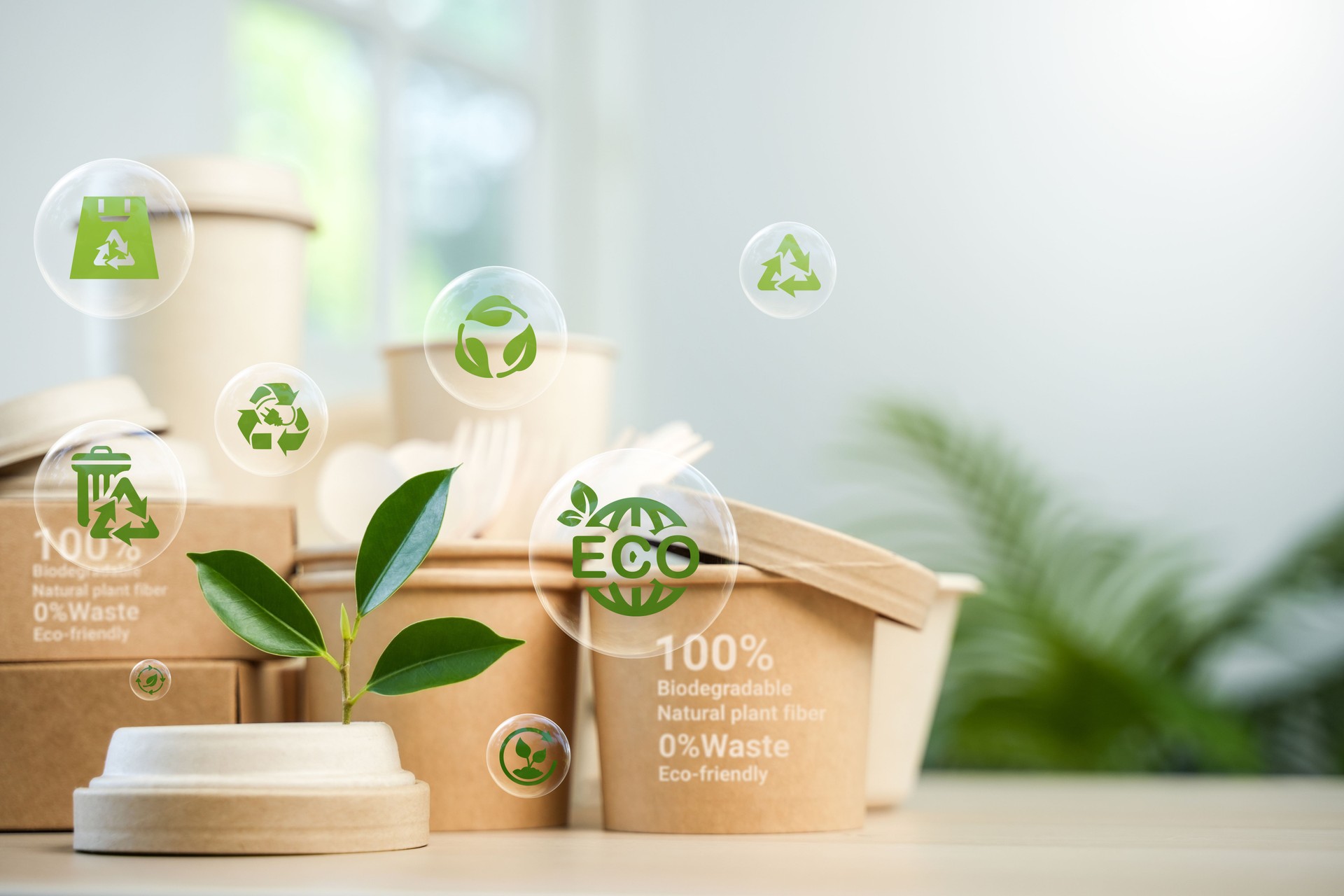 Eco-Environmentally friendly paper containers and packaging made from biodegradable materials, zero waste and recycling concept, green or disposable packaging.
